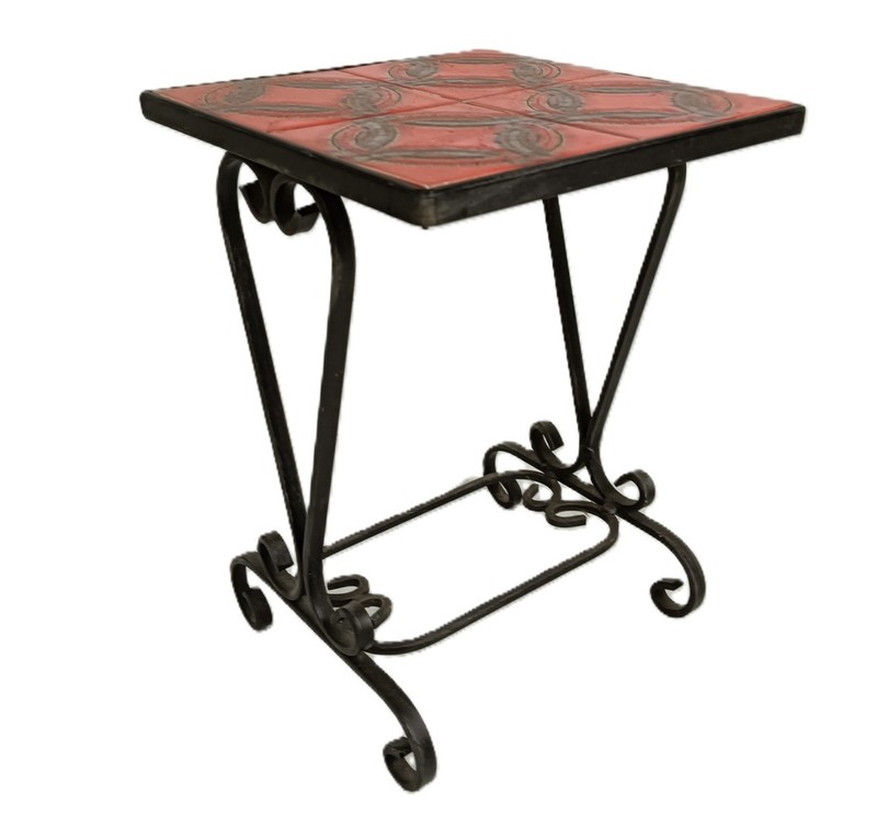 Vintage Wrought Iron & Ceramic Tile Side Table with Red Abstract Design gallery