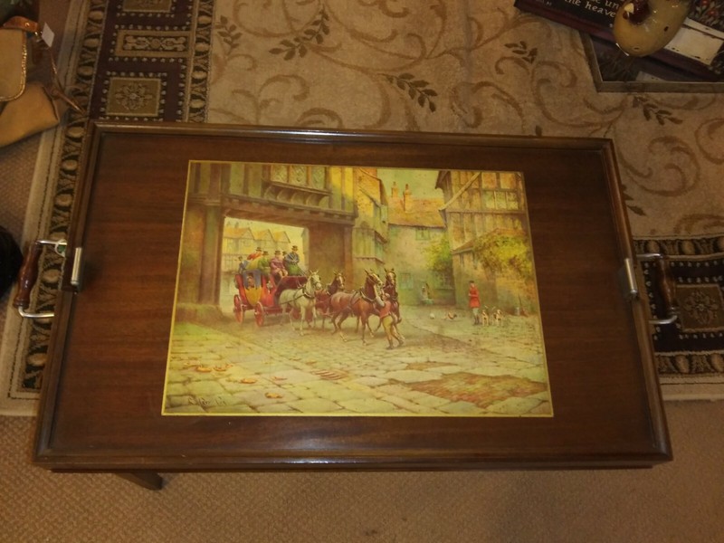 Gorgeous Mahogany Spring Action Tray Table w/Olde English Portraiture 30" x 17" gallery