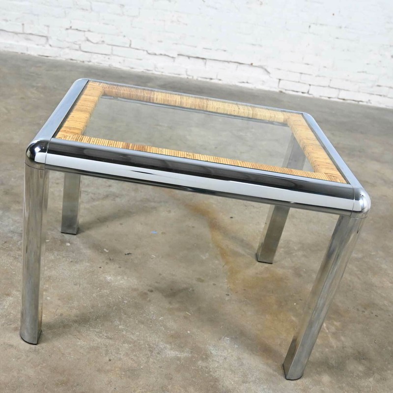 Vintage Modern Rectangular Chrome Glass & Wrapped Rattan Side Table Attr to DIA gallery