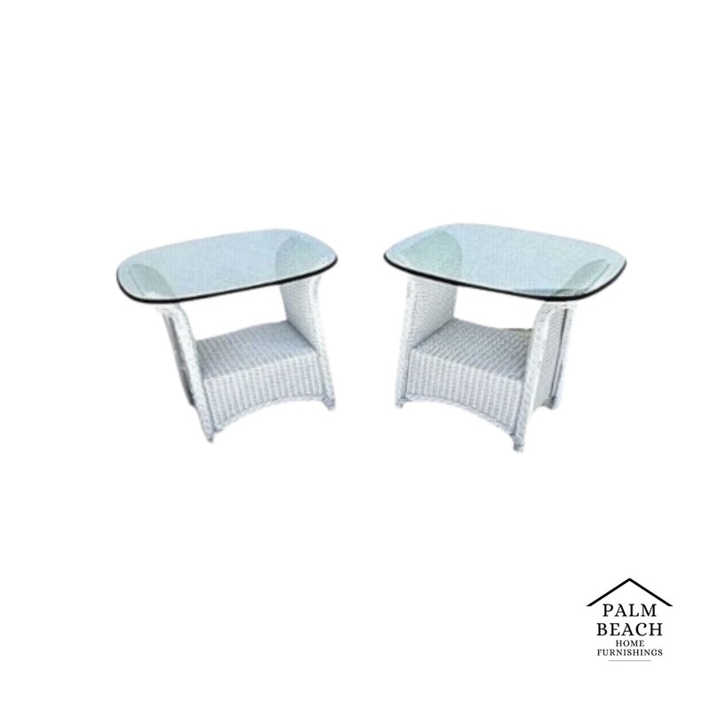 LLOYD FLANDERS Loom Wicker Side Tables w Glass Vintage Set Of 2