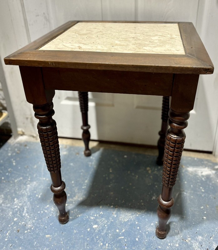 Antique travertine marble inset top side table with corn cob style carved legs gallery