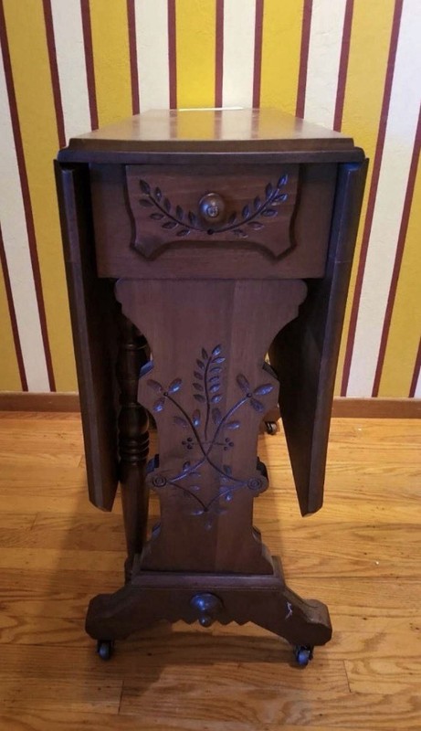 Victorian Antique Wood Drop Leaf Table with Carvings, Drawer, Rectangular