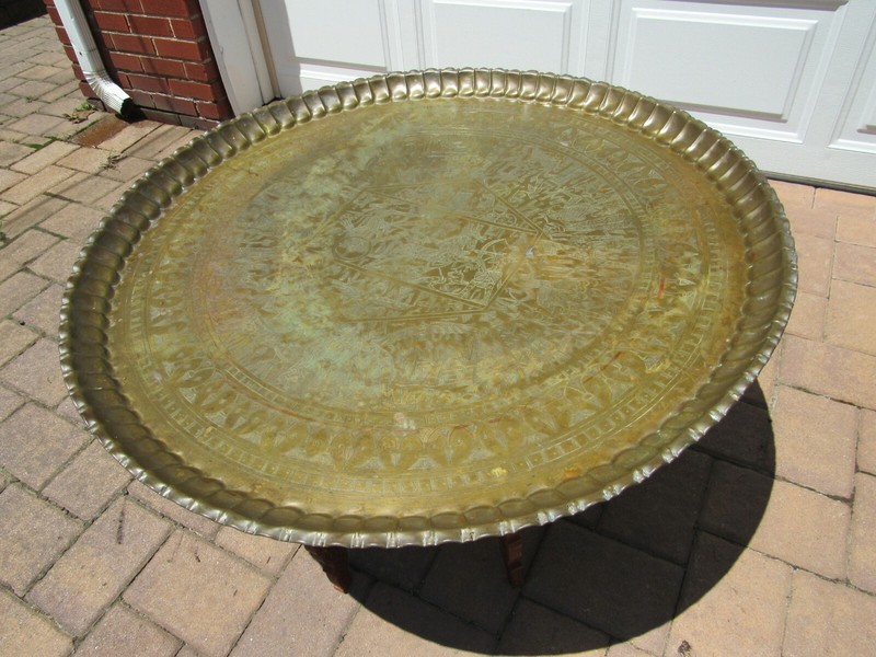 Vintage Mid Century Round Brass Egyptian Motif Folding Platter Moroccan Table gallery