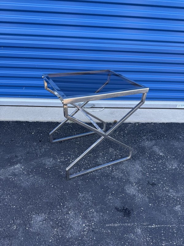 Vintage Mid Century Modern Chrome Side Table Smoked Glass Z-Base End Table 70s