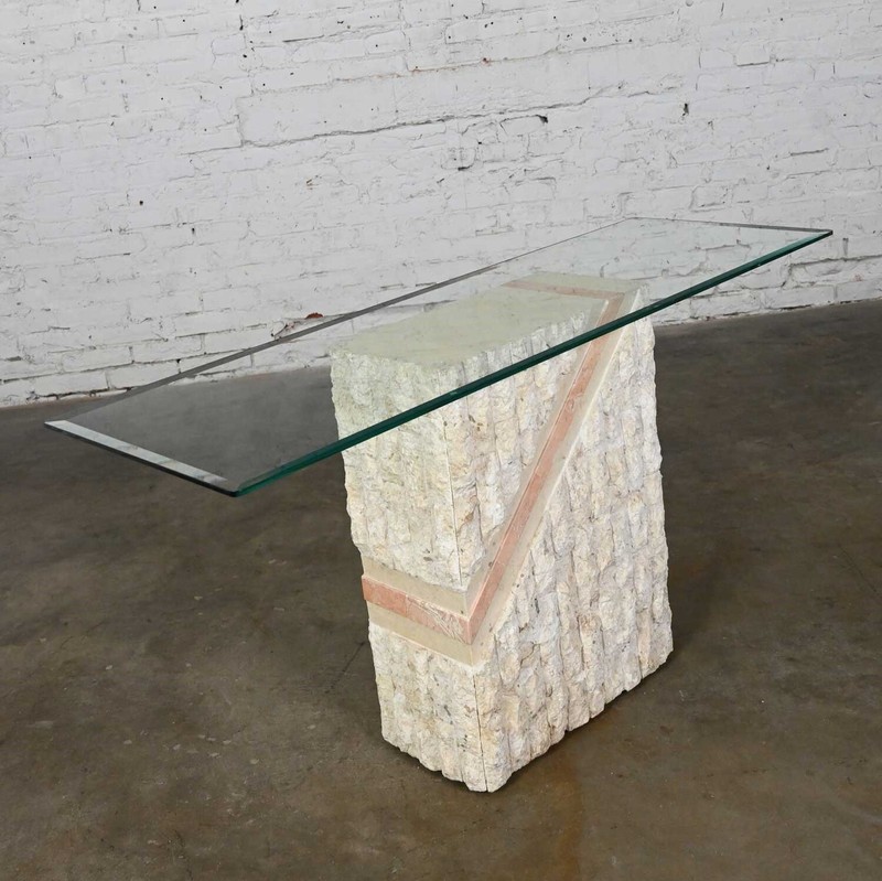 Modern Tessellated Mactan Stone Sofa Table Peach Stripe Style Maitland Smith