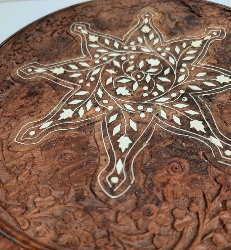 Vintage Wooden Round Table Top Hand Carved Mother Of Pearl Inlay (Top Only) gallery
