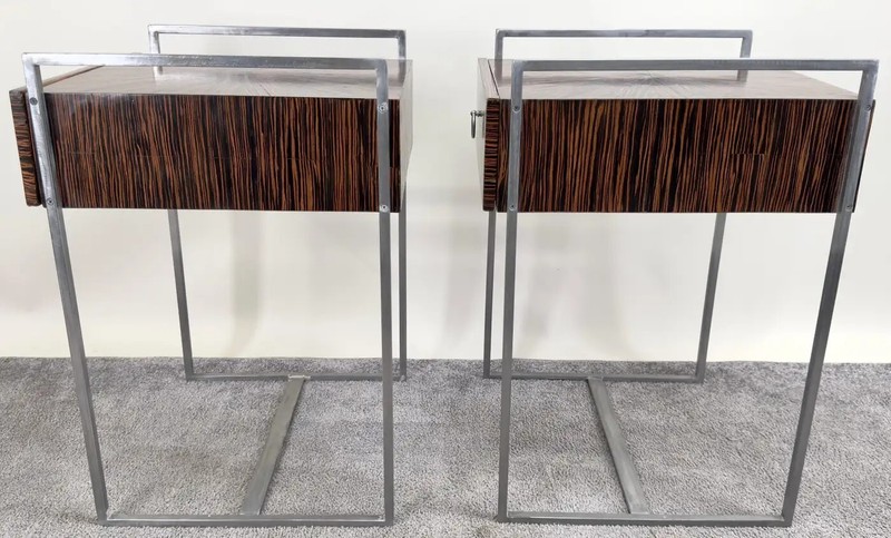 Mid-Century Modern Macassar Zebra Design & Iron Nightstand or End Table, a Pair gallery