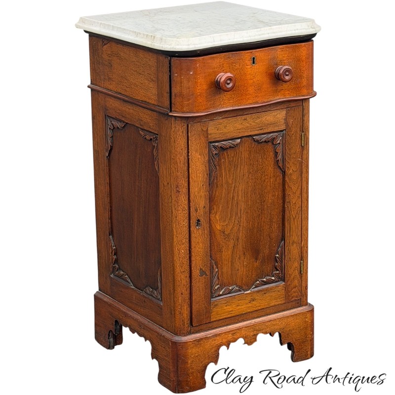 Antique victorian marble top figured walnut table bed side night stand 1860