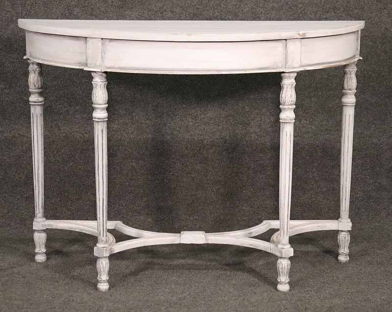 Chic Antique White Painted Demilune French Louis XVI Console Table