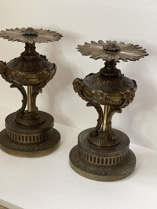 PAIR French Antique Bronze Spelter Rams Starburst Sunburst Pedestal Lamp Table gallery
