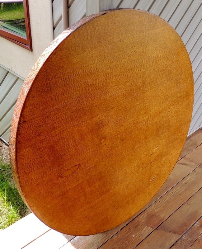 Oak Table 48" Solid Top circa 1900 plus 6 Cherry Wood Chairs Mission Style gallery