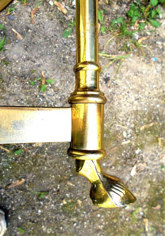 VINTAGE 6 LEG BRASS AND GLASS COFFEE TABLE WITH HORSE HOOF FEET gallery