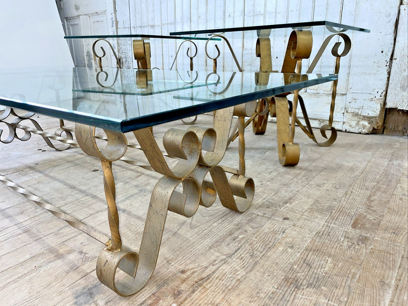 3 Mid Century Hollywood Regency Scroll & Twist Iron Glass Coffee & Side Table gallery