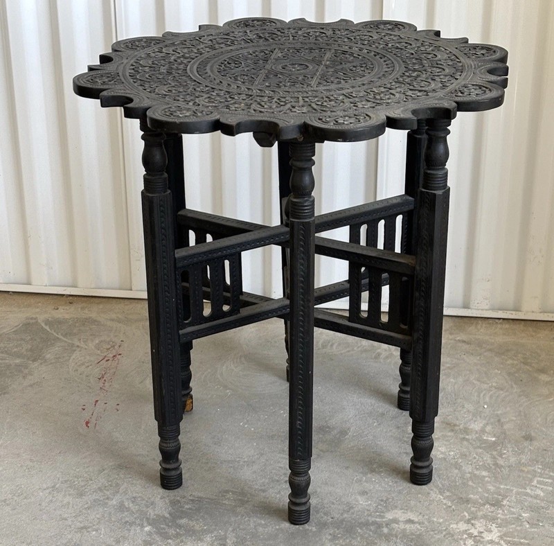Vintage India Carved Low Black Wood Table Made In India Geometric Angelo- gallery