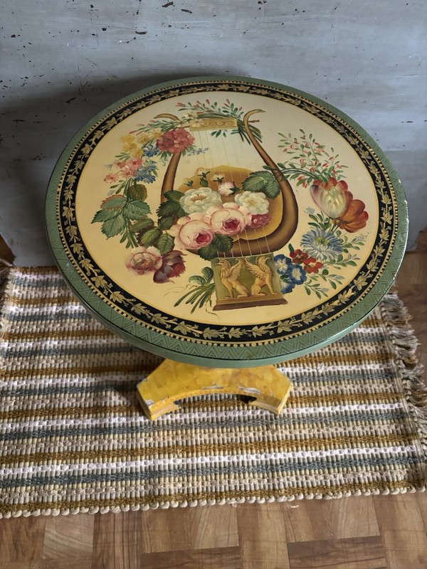 Vintage Hand-Painted Floral Accent Table with Pedestal Base gallery