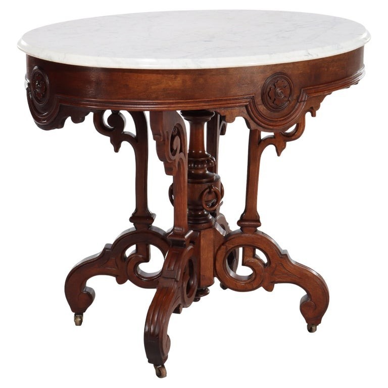 Antique Renaissance Revival Carved Walnut, Rosewood & Marble Parlor Table C1890