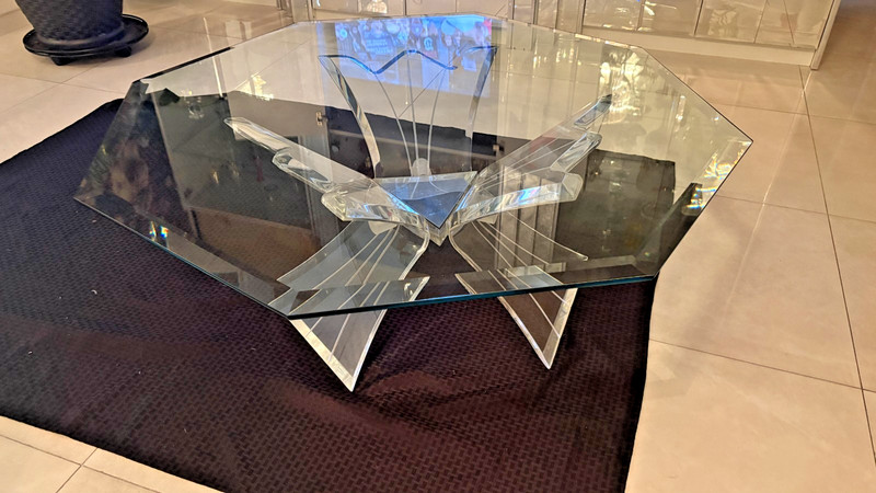LUCITE FROM REFINED FURNISHINGS BUTTERFLY WING GLASS COFFEE TABLE -MCM