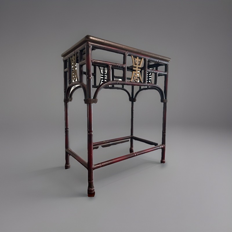 Chinese Faux Bamboo Side/Altar Table Rattan Top, Gilt Longevity (Shou 壽) Symbol gallery