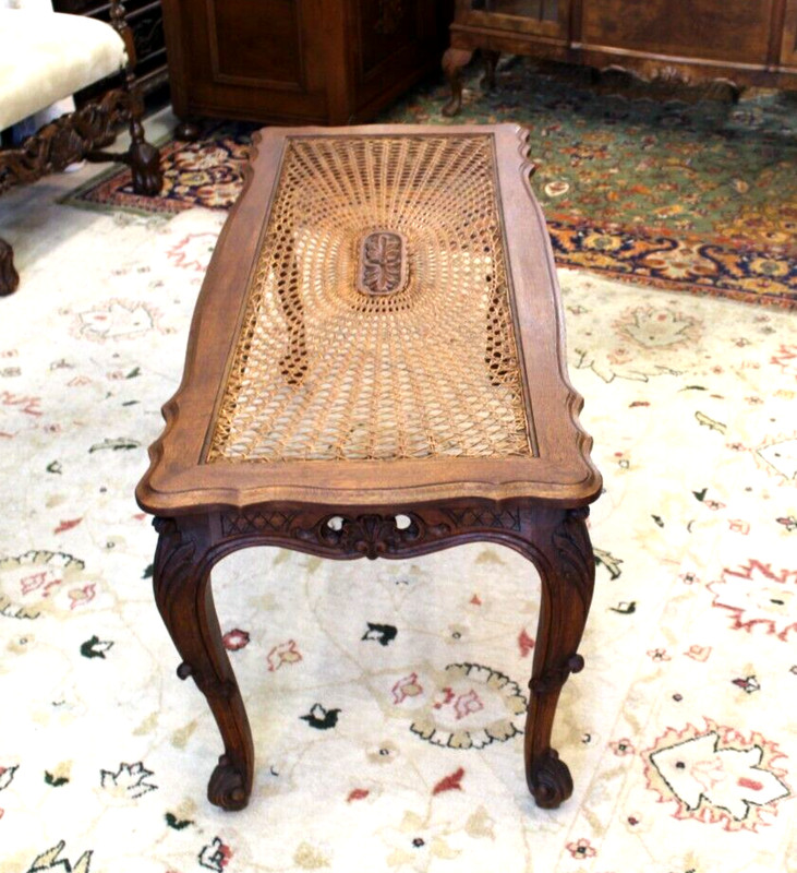 French Antique Oak Louis XV Coffee Table | Carved Frame & Glass Top Inset gallery