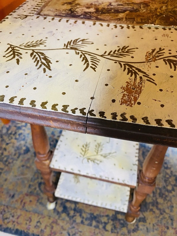 VINTAGE HAND PAINTED WOOD SIDE TABLE WITH CASTER WHEELS COOL PIECE SEE PHOTOS gallery