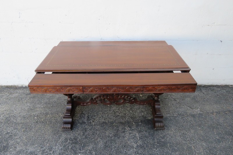 Early 1900s Carved Inlay Long Console Library Dining Extension Table 5392 gallery