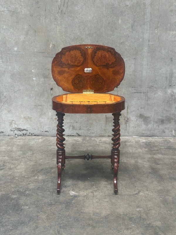 19th C English Burl Walnut Sewing Table Barley Twist Legs 1857 with Inscription gallery