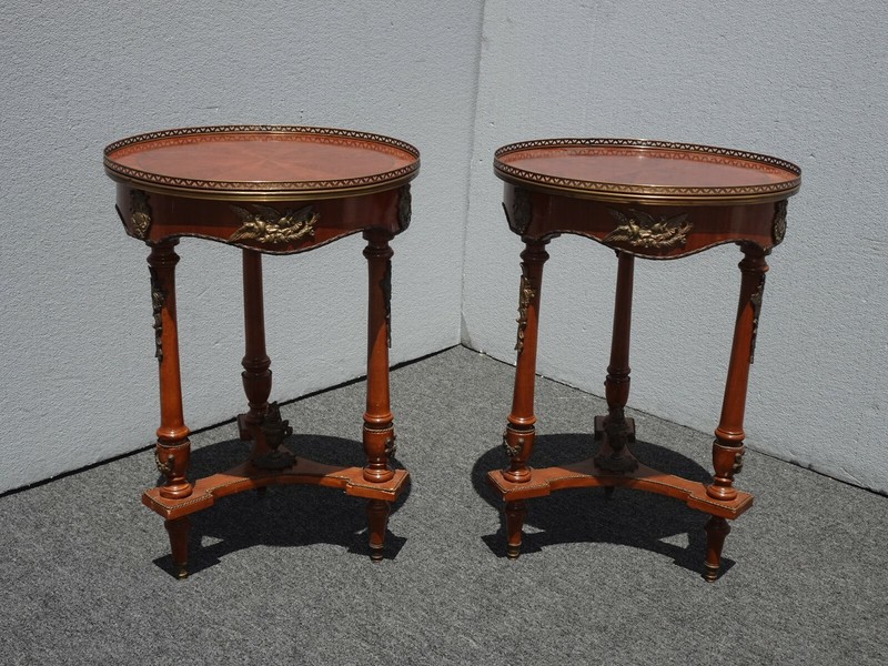 Vintage French Louis XVI Side Table w Brass Ormolu Marquetry Inlay Brass Fencing gallery