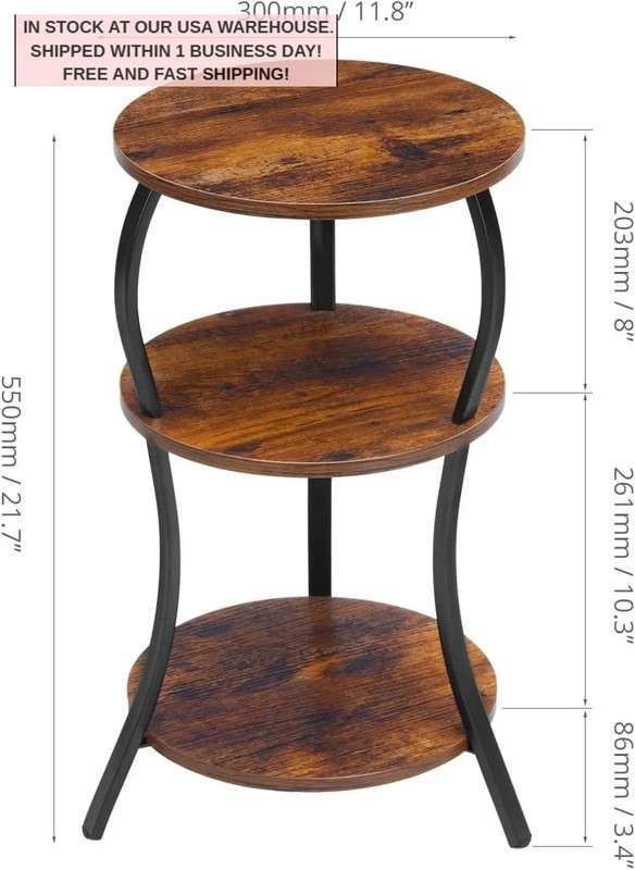 Vintage Round Side Table3Tier End Table Small Space Nightstand Rustic Industrial gallery