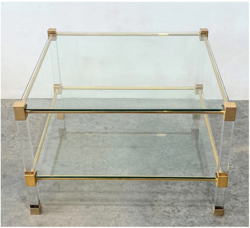Mid-Century Lucite Brass and Glass Two-Tier Coffee Table – Square Vintage MCM gallery