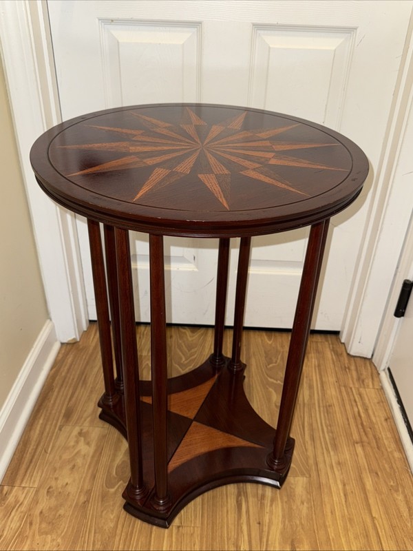 BOMBAY COMPANY CIRCULAR SIDE TABLES WITH INLAID STARBURST DESIGN VINTAGE