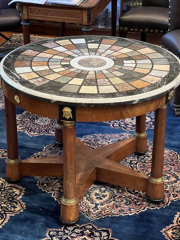 RARE FINE MULTI-GEM INTARSIA TABLETOP ,BRONZE MOUNTS WITH WOODEN BASE DIA=38" gallery