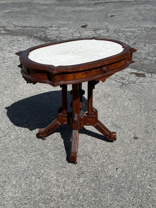 Antique Carved victorian walnut & rosewood marble top parlor center table stand gallery