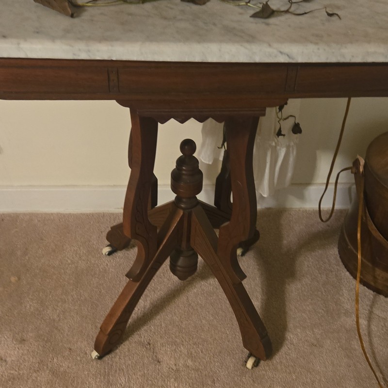 Victorian Antique Marble Top Side Table Ornate Carved Wood 33x18x28" gallery