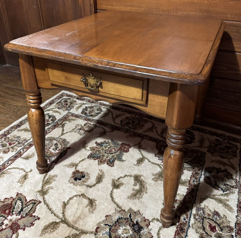 Vintage Wood Side Table With Drawer 22” X 26” X 20 3/4” gallery