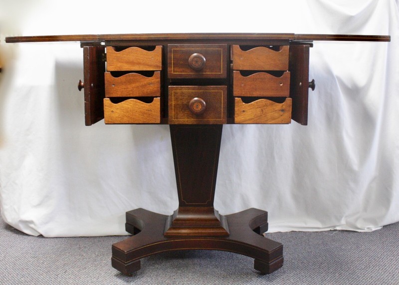 Antique Mahogany SEWING WORK SIDE TABLE.Drop-Leaf Sides. Inlaid Doors + Pulls. gallery