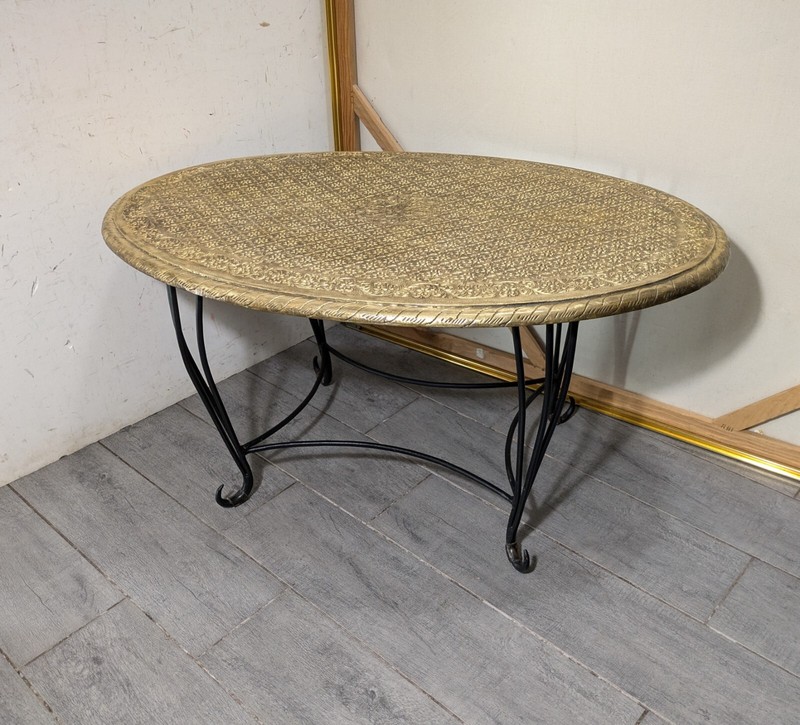 Vintage Moroccan Asian Oriental Style Embossed Brass Tin Wrought Iron Table