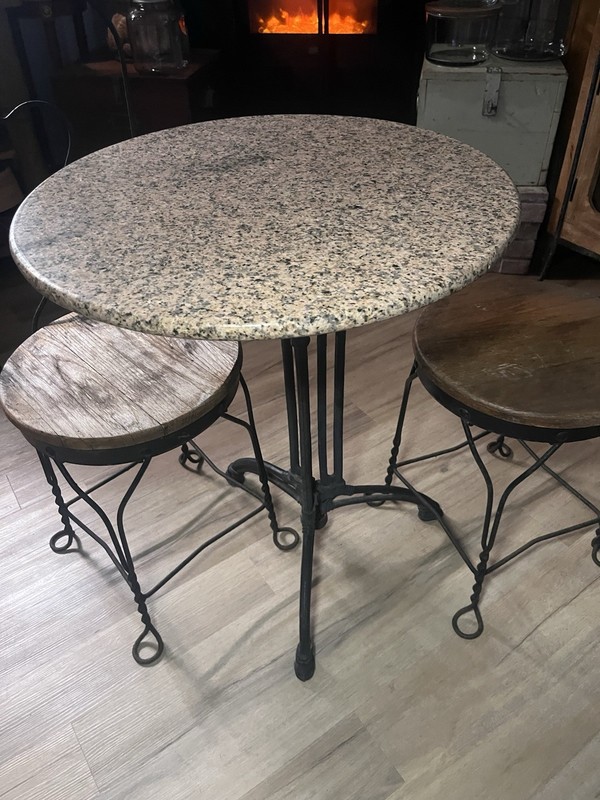 Bistro Table French Style Cast Iron & Granite 3 Leg, Jointed, 2 Parlor Chairs gallery