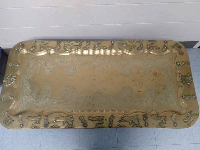 MCM Ornate Brass Tray Table w/ Spider Leg Base 47x23 Raised Animals Border Boho gallery