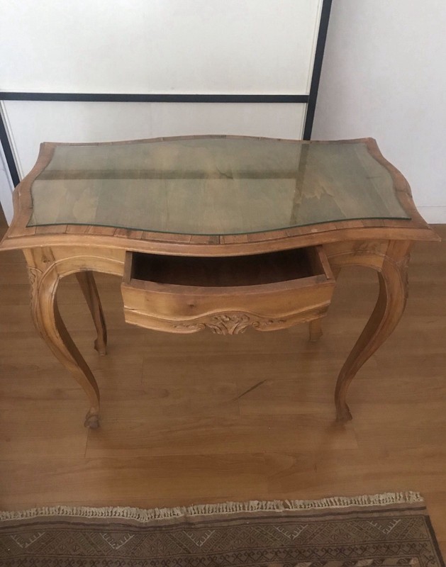 Antique French Rectangular Wood & Glass Accent Table with Carvings & Drawer