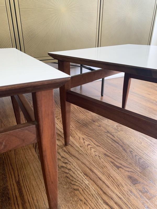 Vintage Mid Century Walnut Base Laminate Top Low Side Tables - a Pair gallery