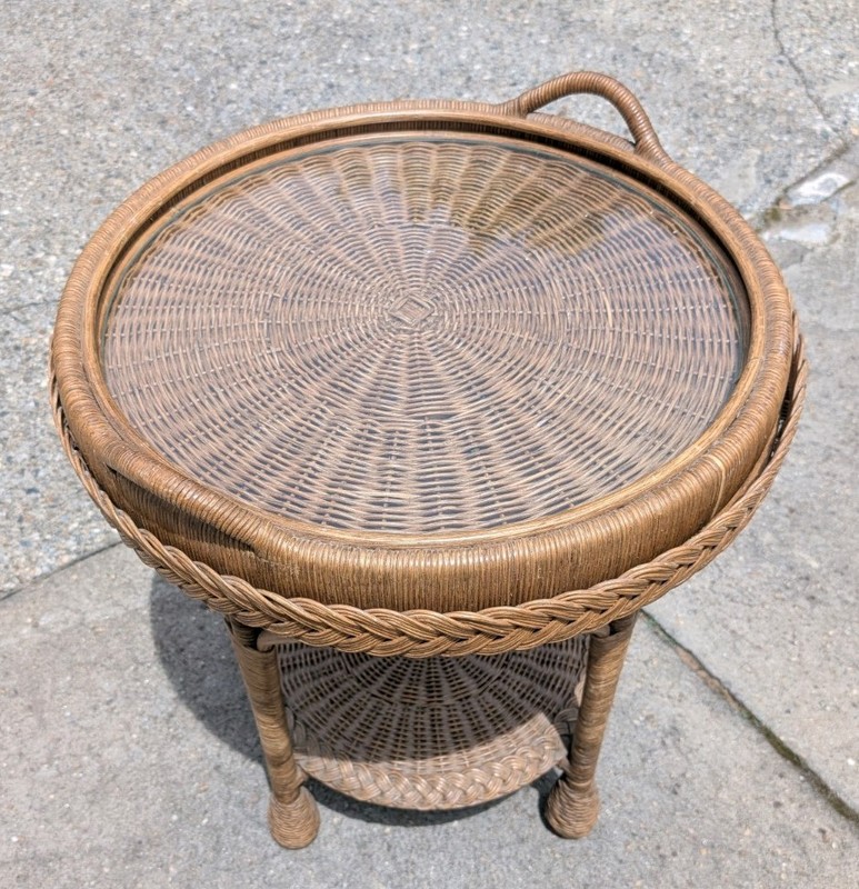 Vintage Bent Bamboo Wood Wooden Rattan Serving Tray End Butler Glass Top Table gallery