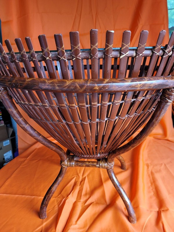 Vintage Rattan and Glass top fish Trap basket Side end Table Franco Albini style gallery