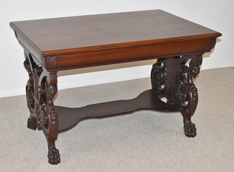 Antique Mahogany Library Table Gargoyle Detaied Base Paw Feet Circa 1890’s