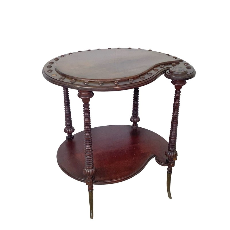 Antique Mahogany Two-Tier Kidney Table Bobbin Turned Legs Brass Sabre Feet