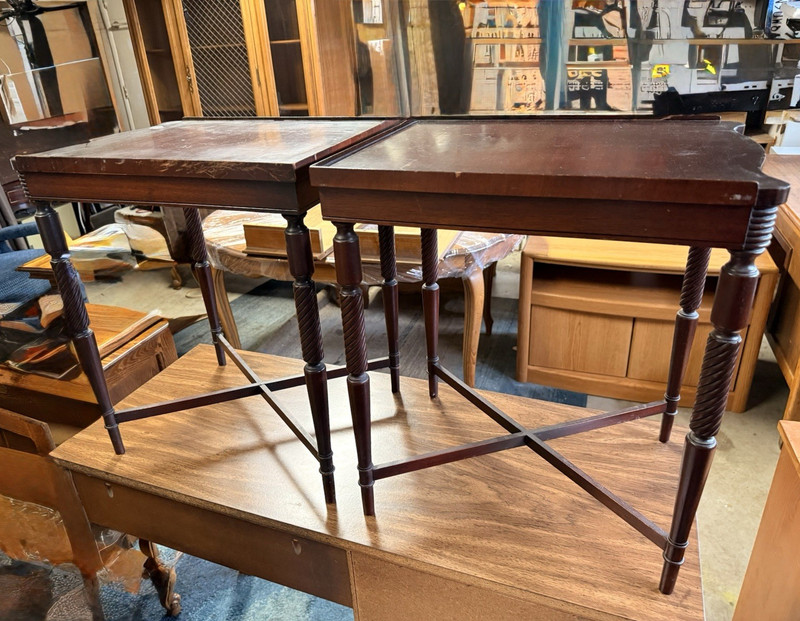 Antique Wood Rectangular Side/End Tables Matching Pair with Turned Legs