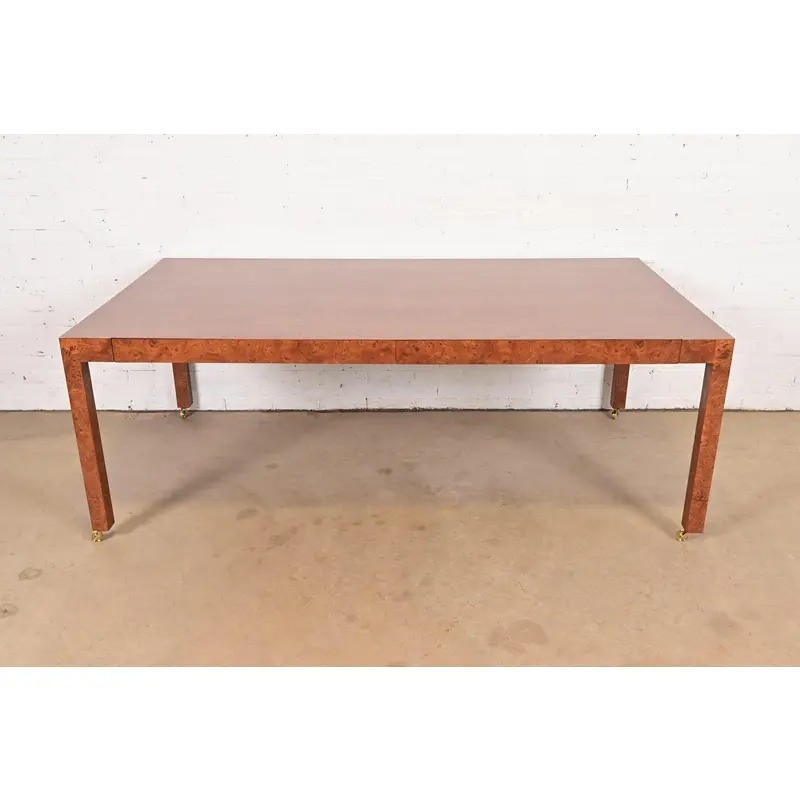 Milo Baughman Style Mid-Century Modern Burlwood Parsons Dining Table, Refinished gallery