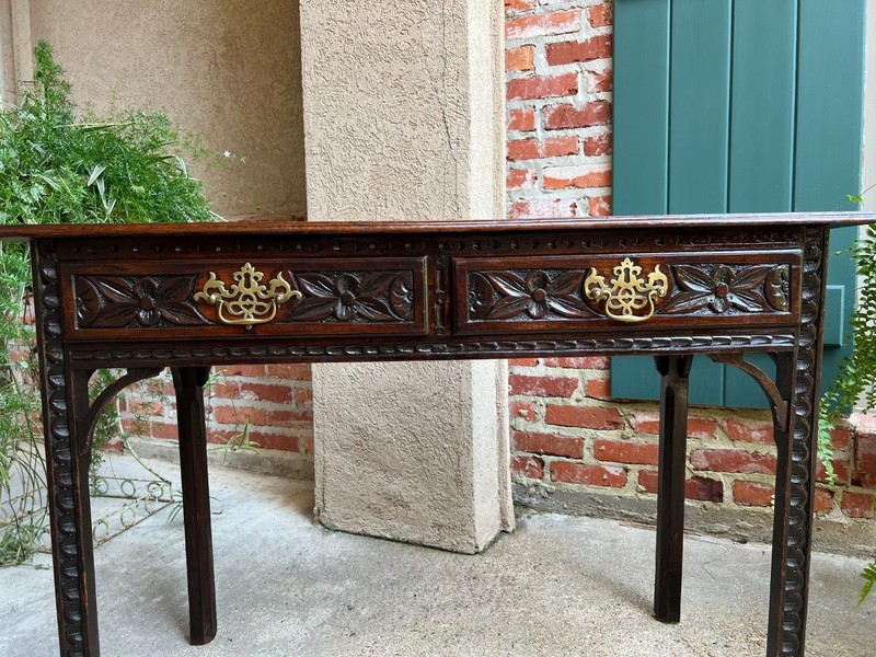 Antique English Sofa Console Table Jacobean Carved Oak Foyer Table c1890 gallery