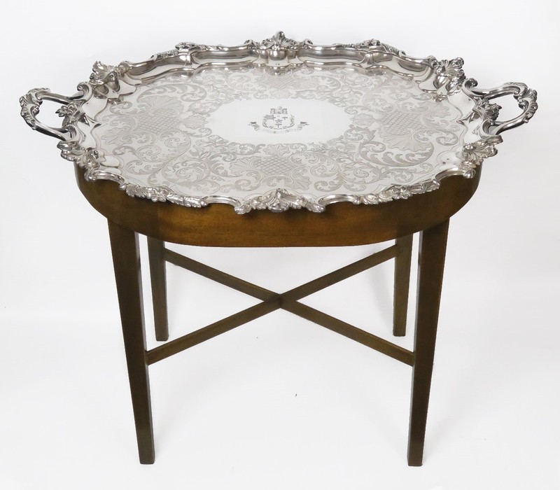 Antique c1820 English Regency Silverplate Tray w/ Custom Wooden Table