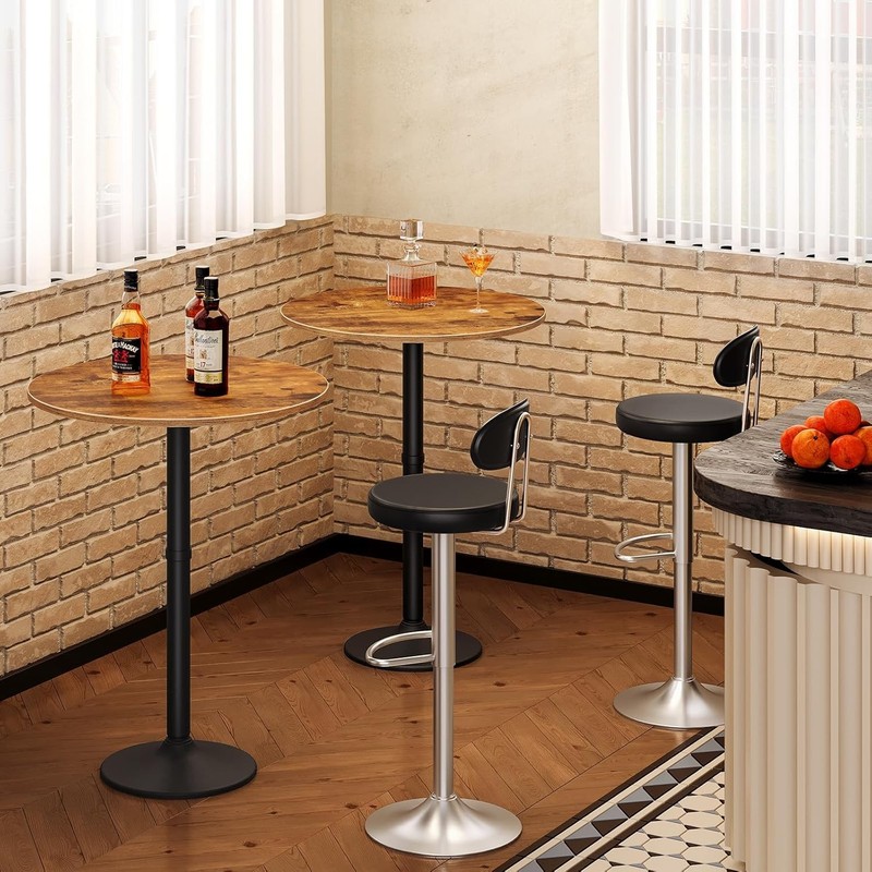 HOOBRO Round Bar Table, 35" Tall Pub Cocktail Rustic Brown + Black gallery