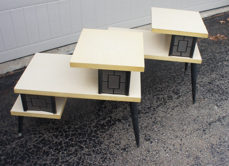 2 ~ Retro Mid Century Modern Blonde & Black 3 Tier Side-step End Tables READ gallery